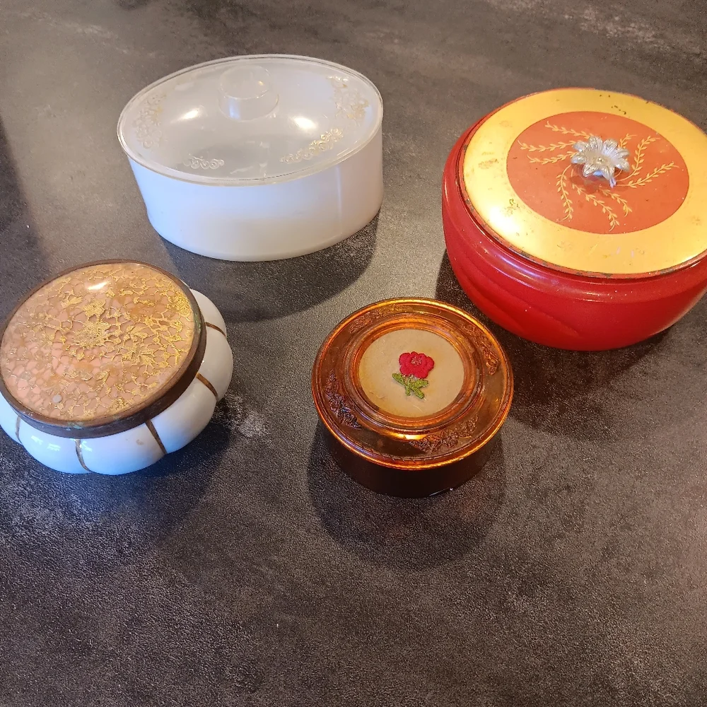 4 Vintage Powder jars. Collectible Avon vanity women's bathroom decor. Boho
